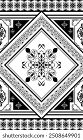 Detailed abstract patterns, black lines, mandala flowers. Fabric borders and carving