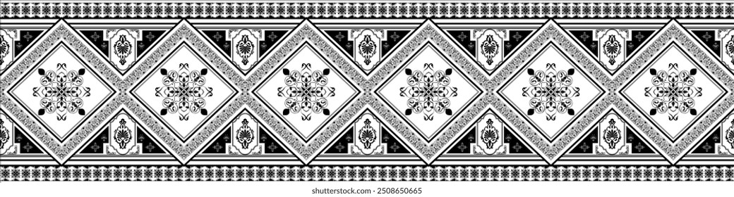 Patrones abstractos detallados, líneas negras, flores de mandala. Bordes de tela y talla