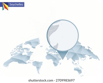 Abstrakte, abgerundete Weltkarte mit detaillierter Seychellen-Karte. Vektorgrafik.