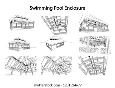 Detailed achitectural 3d sketch swimming pool enclosure from different points view  Vector  technical industrial