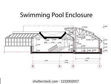 Detailed achitectural drawing swimming pool enclosure and measurements  Technical industrial vector illustration