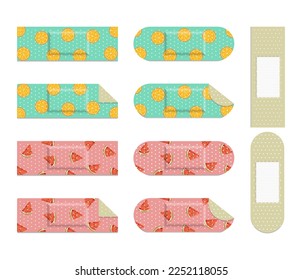 Detailed adhesive bandage plaster set for kid . Colorful medical plaster with fruit image concept