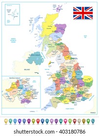 Detailed administrative map of the Great Britain with navigation icons. All elements are separated in editable layers clearly labeled.