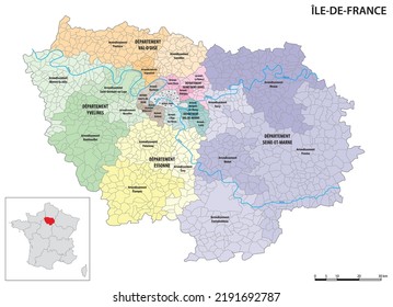 Detailed administrative map of Ile-de-France region in French language, France