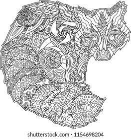Detailed adult coloring book page with decorative funny raccoon on white background
