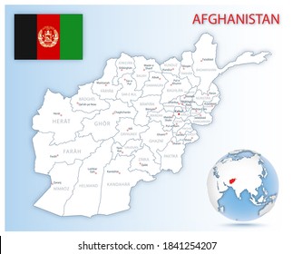 Detailed Afghanistan administrative map with country flag and location on a blue globe. Vector illustration