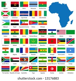 Detailed African flags and map manually traced from public domain map