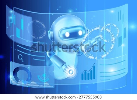 Detailed AI concept showing a robot interacting with data panels, analytics, and coding elements. Perfect for software and AI-related content.