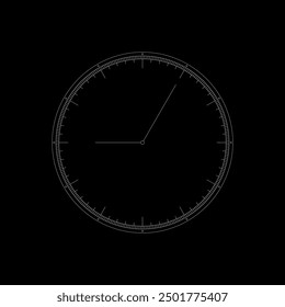 Detailed analog clock face on black background. Slim and elegant analog clock concept