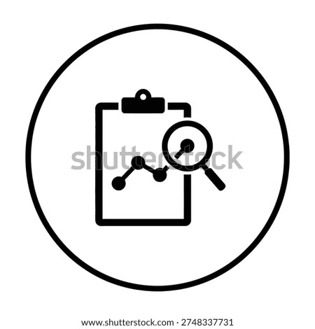 Detailed analysis of data on clipboard with magnifying glass icon in simple black and white design