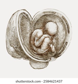 Detailed anatomical drawing of a fetus inside a womb, showcasing intricate lines and shading. The fetus is curled, emphasizing prenatal development and anatomy. Vintage art illustration, vector.