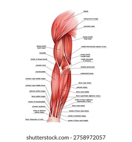 Detailed anatomical illustration of human upper limb muscles, showing shoulder, arm, and forearm muscle structure with labeled parts for medical and educational use.