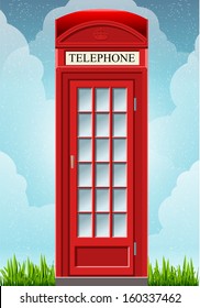 Detailed animation of a English Red Telephone Cabin on the grass