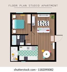 Detailed apartment furniture overhead top view. Studio Apartment With One Bedroom. Flat style vector illustration.