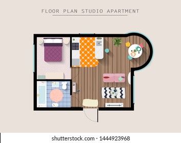 Detailed apartment furniture overhead top view. Studio Apartment With One Bedroom. Flat style vector illustration.