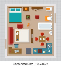 Detailed apartment furniture overhead top view. Apartment room plan. Flat style vector illustration.