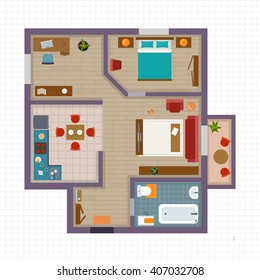 Detailed apartment furniture overhead top view. Apartment room plan. Flat style vector illustration.