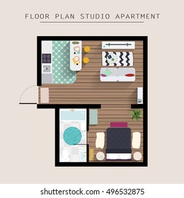 Detailed apartment furniture overhead top view. Studio Apartment With One Bedroom. Flat style vector illustration.