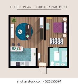 Detailed apartment furniture overhead top view. Studio Apartment With One Bedroom. Flat style vector illustration.