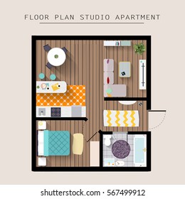 Detailed apartment furniture overhead top view. Studio Apartment With One Bedroom. Flat style vector illustration.