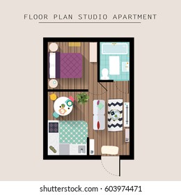 Detailed apartment furniture overhead top view. Studio Apartment With One Bedroom. Flat style vector illustration.