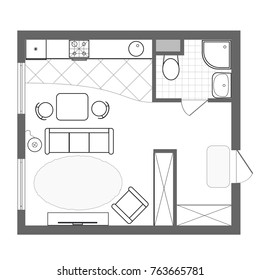 Detailed apartment furniture overhead top view. Studio Apartment With One Bedroom. Flat style vector illustration on a white background.