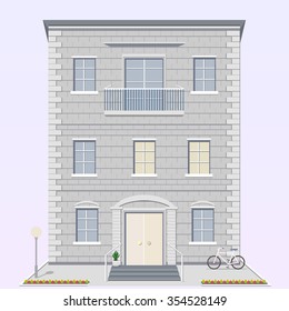 Detailed apartment house with street light and bike in the courtyard. Gray town building with balcony, light door and wide porch. Vector illustration isolated on white background.

