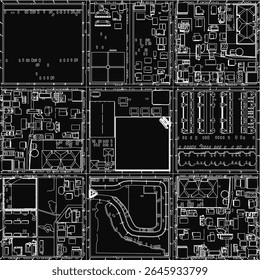 Detailed architectural blueprint of a city building with labeled quarters, rooms, and structural elements.
