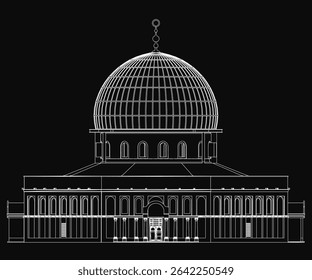 Projeto arquitetônico detalhado de um grande edifício com uma cúpula proeminente, apresentando desenhos técnicos precisos com dimensões etiquetadas. O fundo escuro melhora as linhas intrincadas e.