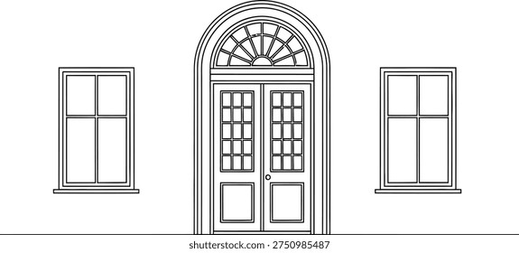 A detailed architectural drawing of a classic building facade featuring a central arched door with a fanlight and two rectangular windows on either side, showcasing traditional design elements.
