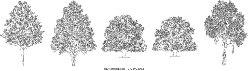 Detailed architectural drawings featuring tree draw clusters and copse outlines for large scale urban planning in a CAD vector set.