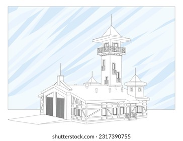 Detailed architectural fire station house blueprints and drawings. Vector illustration
