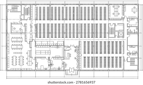 Detailed architectural floor plan blueprint of a large library with extensive shelving and various study rooms for design projects on