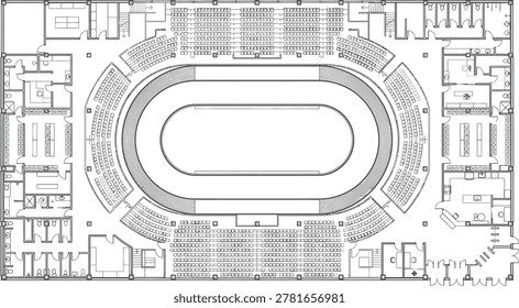 Detailed architectural floor plan of a multi purpose sports arena or velodrome blueprint style for construction design on transparent