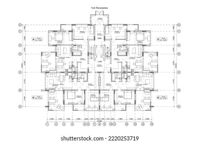 Detailed architectural four story house blueprints and drawings. Vector illustration
