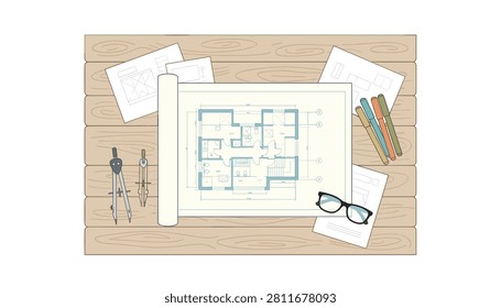 Detailed architectural house floor plan blueprint laid out on a wooden drafting table with professional engineering tools and glasses.