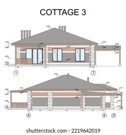  Detailed architectural one story private house blueprints and drawings. Vector illustration