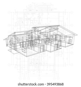 Detailed architectural plan. Abstract background with a 3D building model. Vector Illustration.