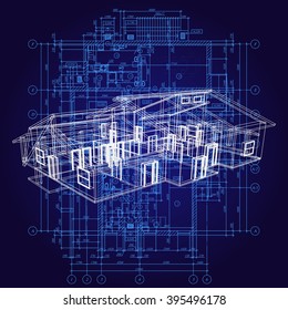 Detailed architectural plan. Architectural background with a 3D building model. Vector Illustration.