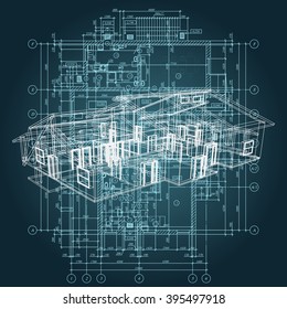 Detailed architectural plan. Architectural background with a 3D building model. Vector Illustration.