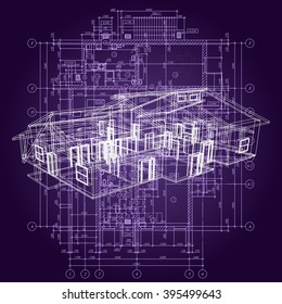 Detailed architectural plan. Architectural background with a 3D building model. Vector Illustration.