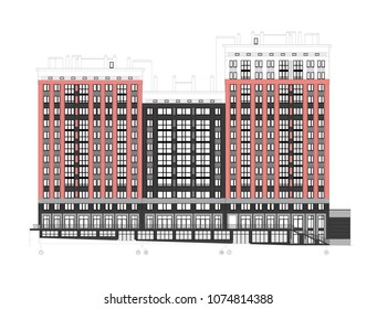 Detailed architectural plan of multistory building with underground garage parking. Vector blueprint. Architectural background.
