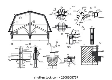 Plan de arquitectura detallado de un tejado de viviendas de varios pisos, vectores, industria de la construcción
