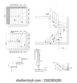 Detailed architectural plan of stairs, construction industry vector 