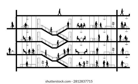 Detailed architectural section drawing of a multi-story office building filled with silhouettes of people working and using stairs.