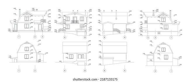 Detailed architectural technical drawing of a private building, vector blueprint