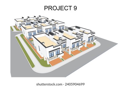 Detailed architectural two story townhouse blueprints and drawings. Vector illustration