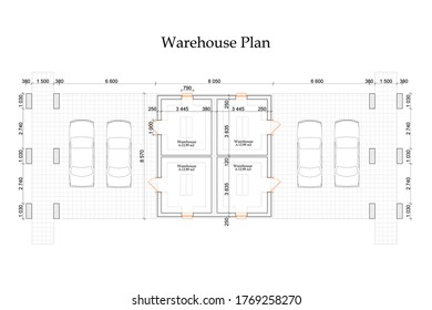 Detailed architectural vector master plan of private warehouses and parking space