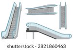 Detailed architectural views of escalators from front and side perspectives showing steps and glass railings.
