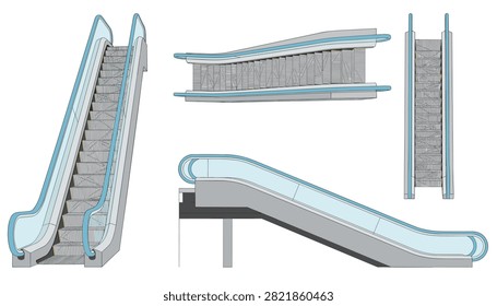 Detailed architectural views of escalators from front and side perspectives showing steps and glass railings.